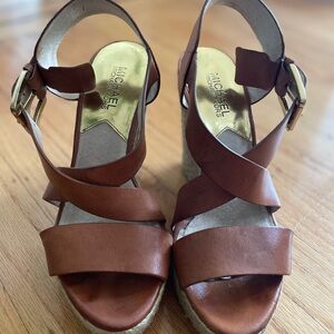 Michael Kors Brown Leather Wedge Sandals with Ankle Strap